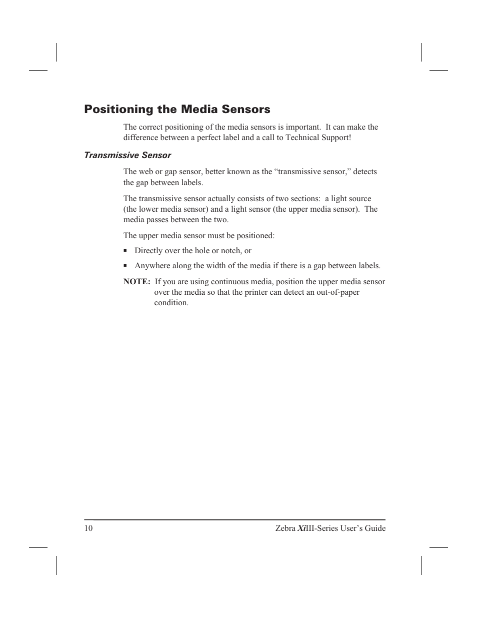 Positioning the media sensors 10, Transmissive sensor 10, Positioning the media sensors | Transmissive sensor | Zebra Technologies XiIII User Manual | Page 16 / 108