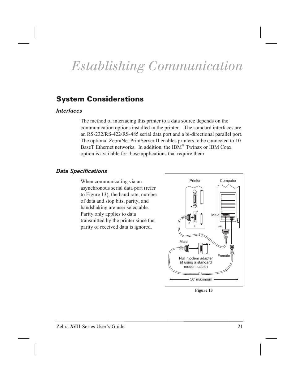 Establishing communication, System considerations 21, Interfaces 21 | Data specifications 21, System considerations, Interfaces, Data specifications | Zebra Technologies XiIII User Manual | Page 27 / 108