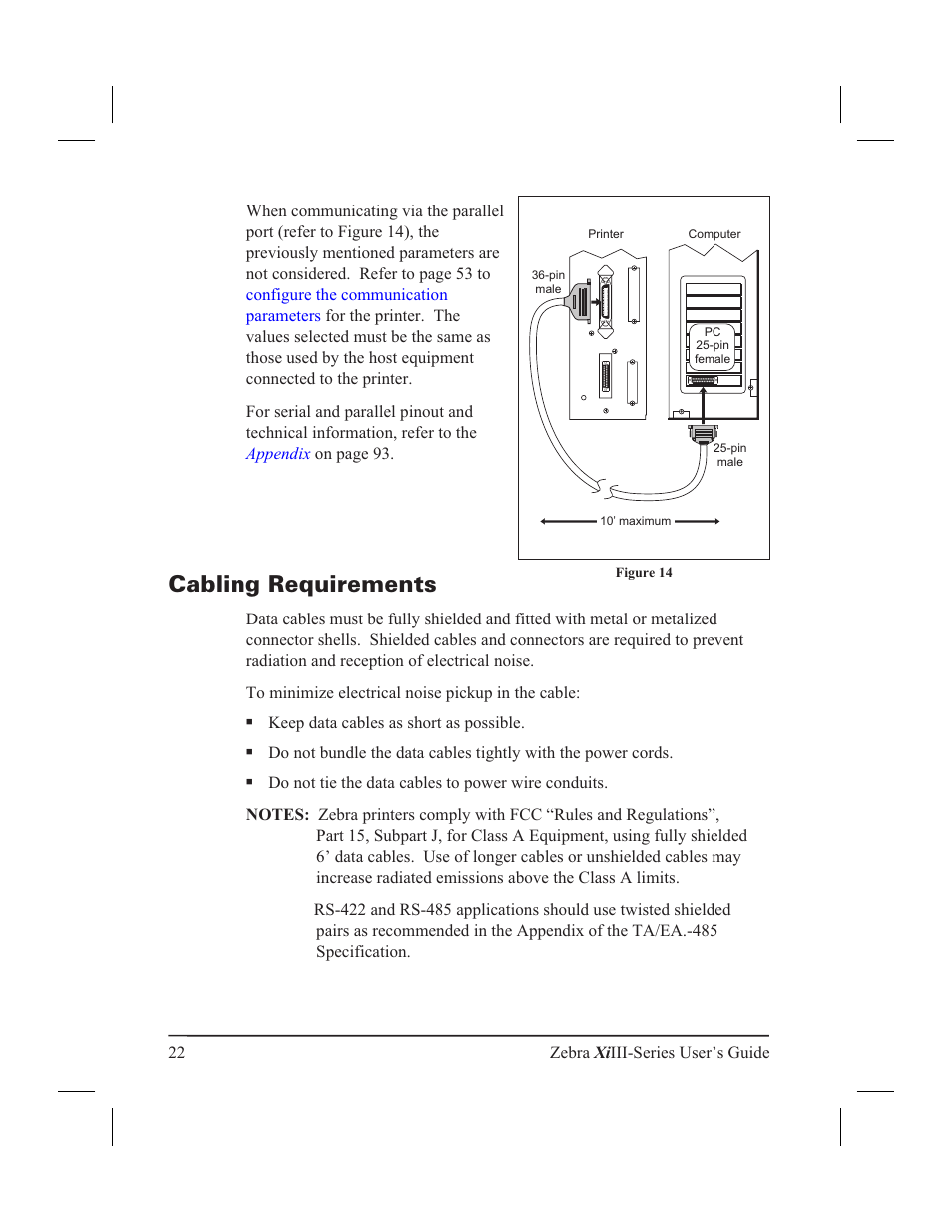 Cabling requirements 22, Cabling requirements | Zebra Technologies XiIII User Manual | Page 28 / 108