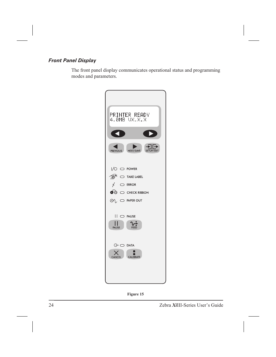 Front panel display 24, Front panel display | Zebra Technologies XiIII User Manual | Page 30 / 108