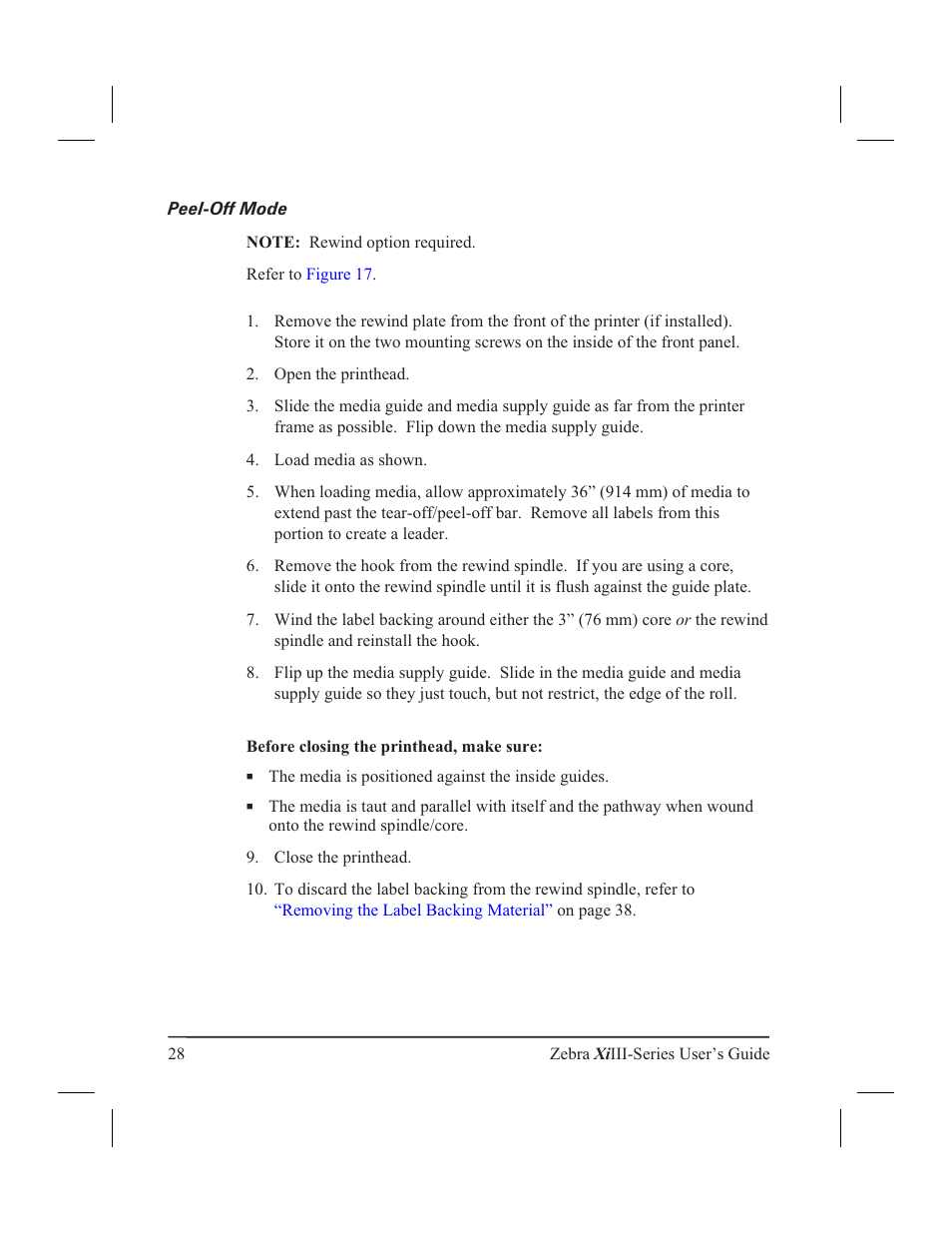 Peel-off mode 28, Peel-off mode | Zebra Technologies XiIII User Manual | Page 34 / 108
