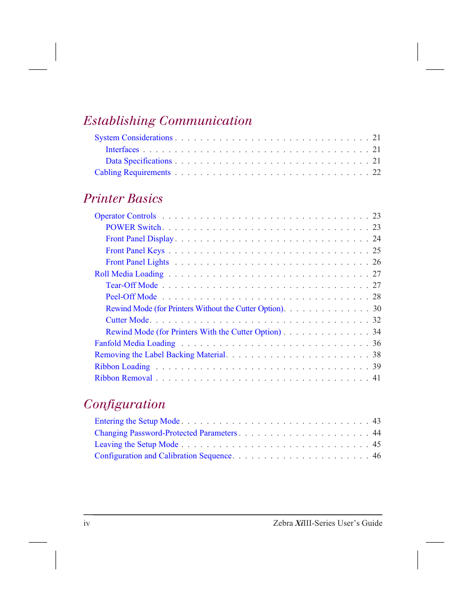 Establishing communication, Printer basics, Configuration | Zebra Technologies XiIII User Manual | Page 4 / 108