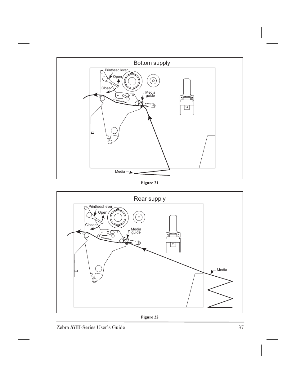 Rear supply, Bottom supply, Zebra xi iii-series user’s guide 37 | Zebra Technologies XiIII User Manual | Page 43 / 108
