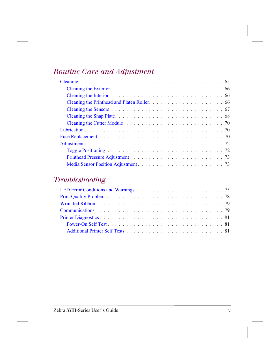 Routine care and adjustment, Troubleshooting | Zebra Technologies XiIII User Manual | Page 5 / 108