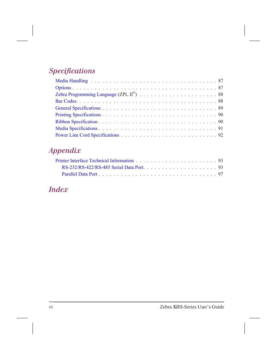 Specifications, Appendix, Index | Zebra Technologies XiIII User Manual | Page 6 / 108