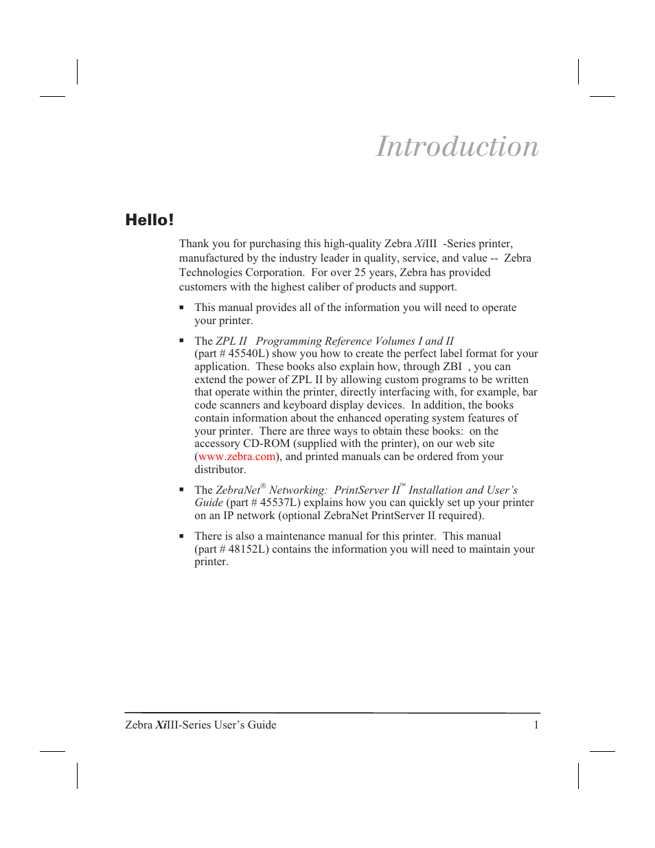 Introduction, Hello! 1, Hello | Zebra Technologies XiIII User Manual | Page 7 / 108