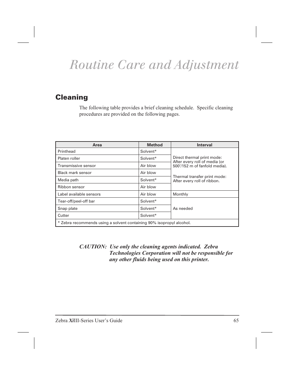 Routine care and adjustment, Cleaning 65, Cleaning | Zebra Technologies XiIII User Manual | Page 71 / 108