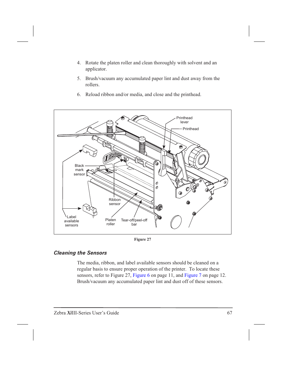 Cleaning the sensors 67, Cleaning the sensors | Zebra Technologies XiIII User Manual | Page 73 / 108