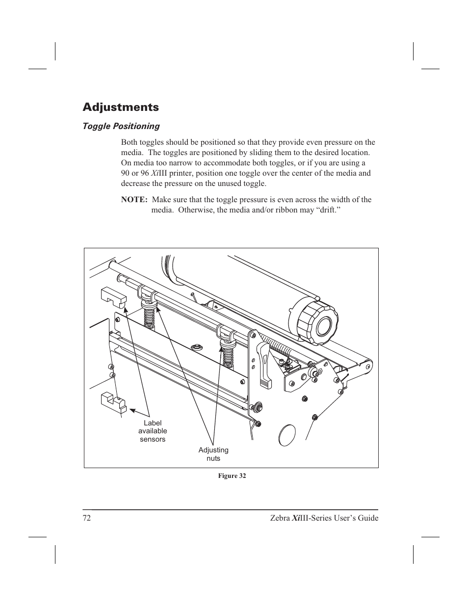 Adjustments 72, Toggle positioning 72, Adjustments | Toggle positioning | Zebra Technologies XiIII User Manual | Page 78 / 108