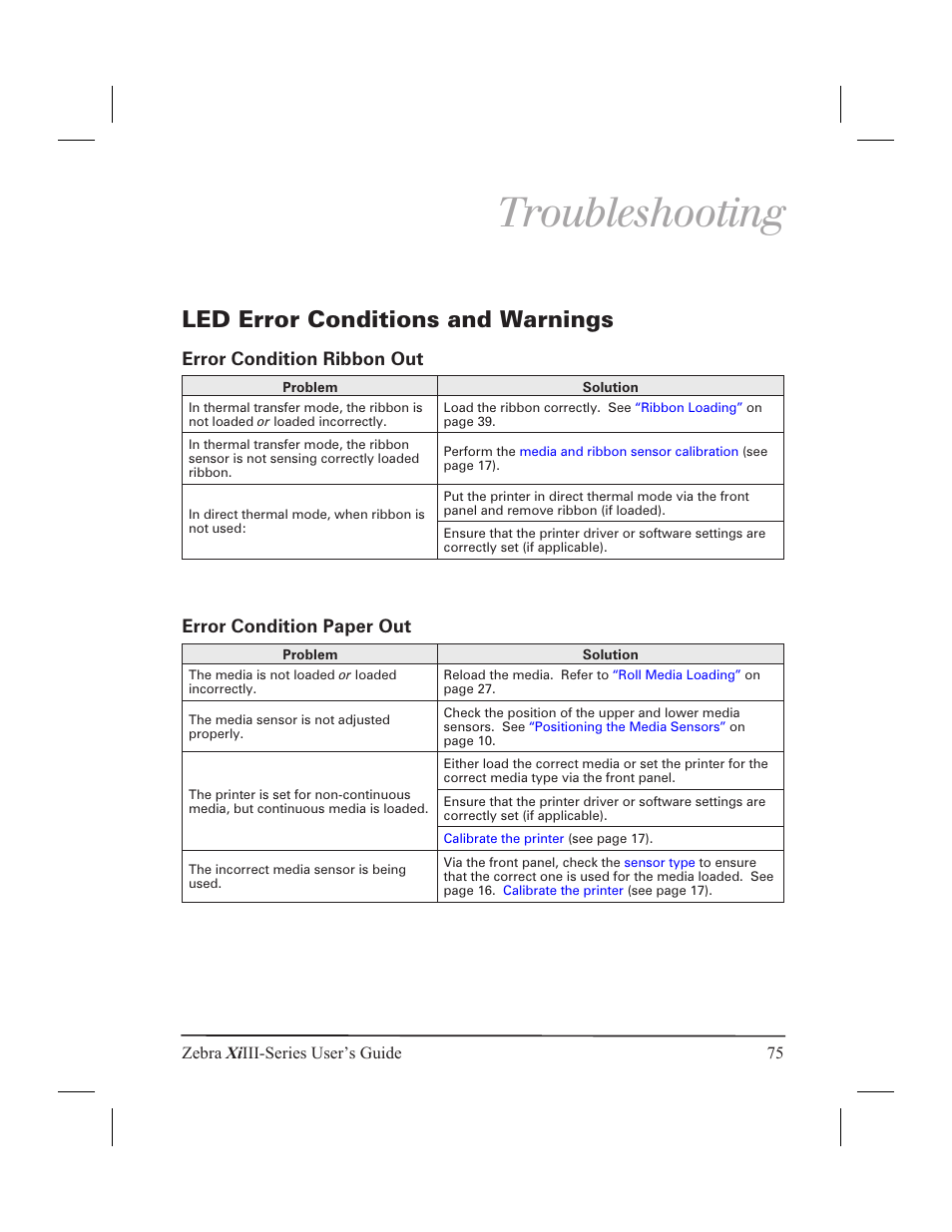 Troubleshooting, Led error conditions and warnings 75, Led error conditions and warnings | Zebra Technologies XiIII User Manual | Page 81 / 108