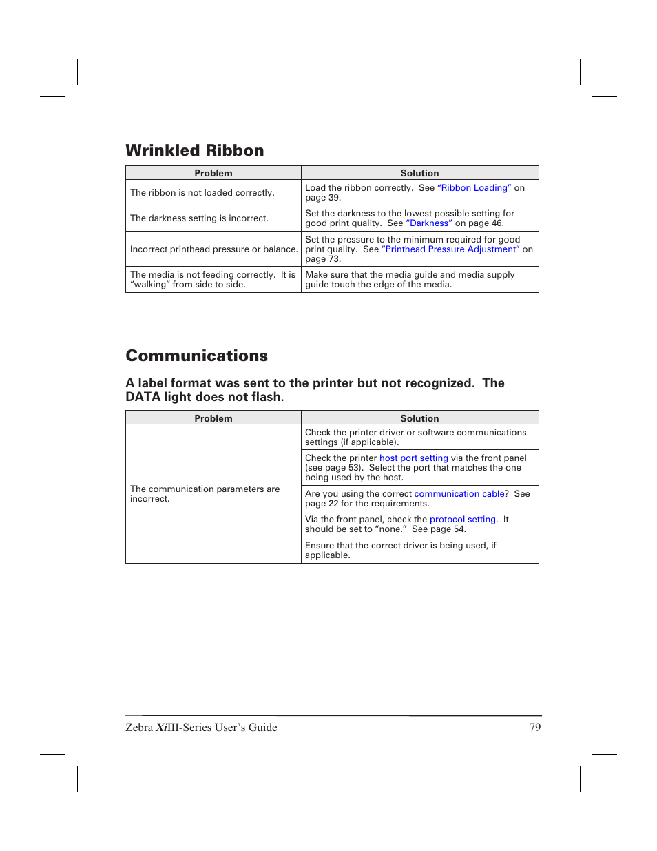 Wrinkled ribbon 79, Communications 79, Wrinkled ribbon | Communications, Wrinkled ribbon communications | Zebra Technologies XiIII User Manual | Page 85 / 108