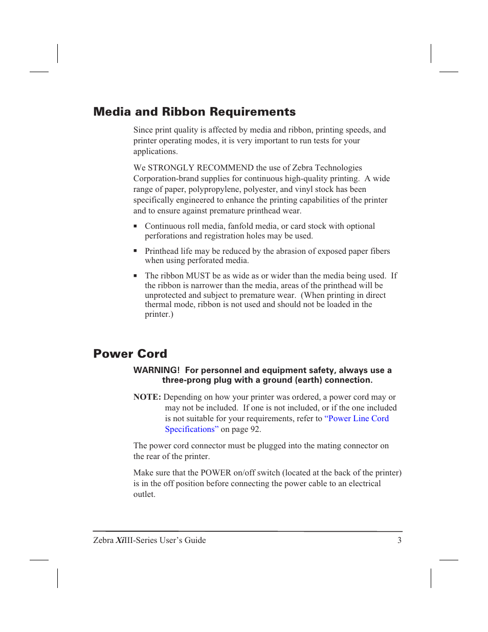 Media and ribbon requirements 3, Power cord 3, Media and ribbon requirements | Power cord | Zebra Technologies XiIII User Manual | Page 9 / 108