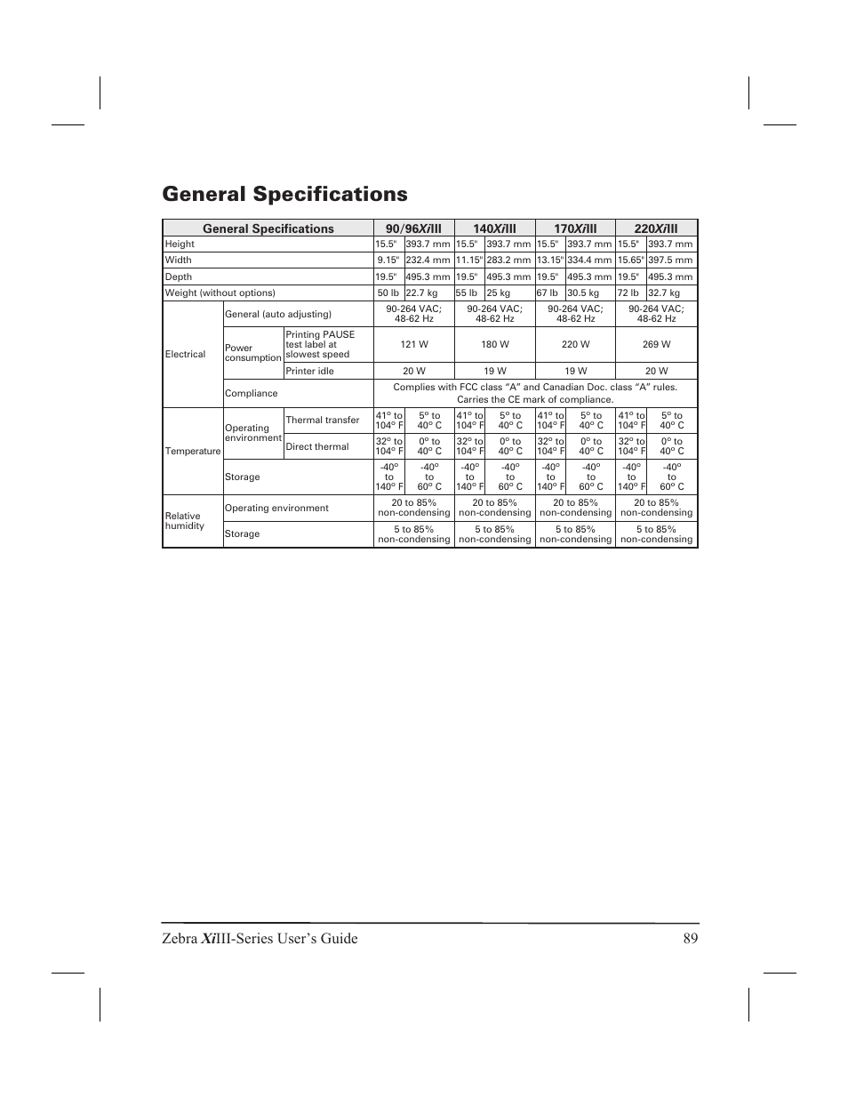 General specifications 89, General specifications, Zebra xi iii-series user’s guide 89 | Zebra Technologies XiIII User Manual | Page 95 / 108