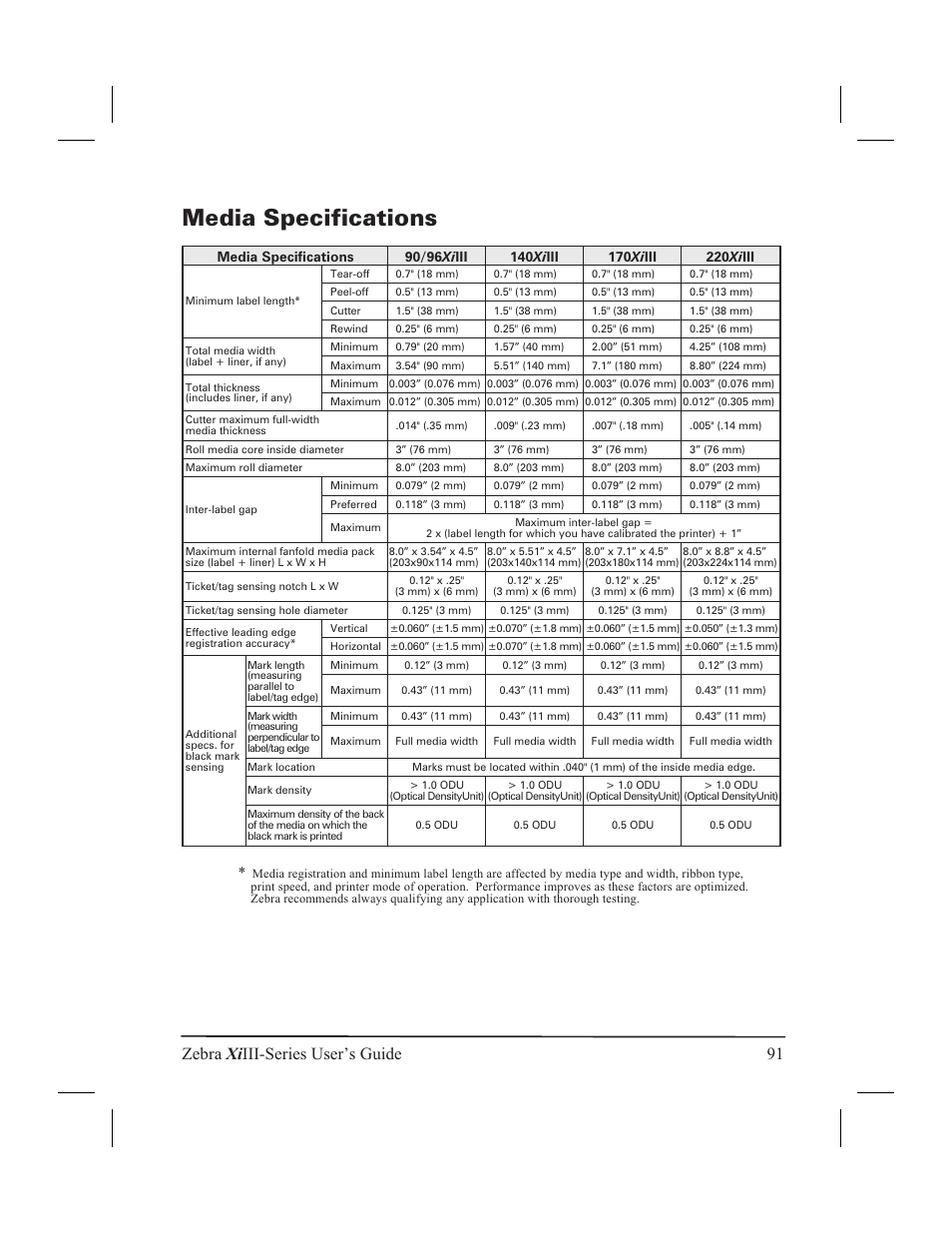 Media specifications 91, Media specifications, Zebra xi iii-series user’s guide 91 | Zebra Technologies XiIII User Manual | Page 97 / 108