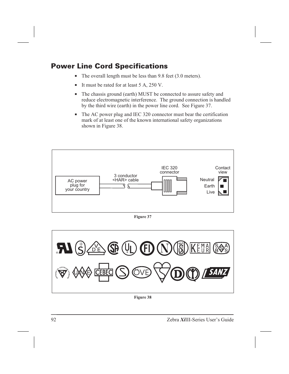 Power line cord specifications 92, Power line cord specifications, Certification mark | Zebra Technologies XiIII User Manual | Page 98 / 108