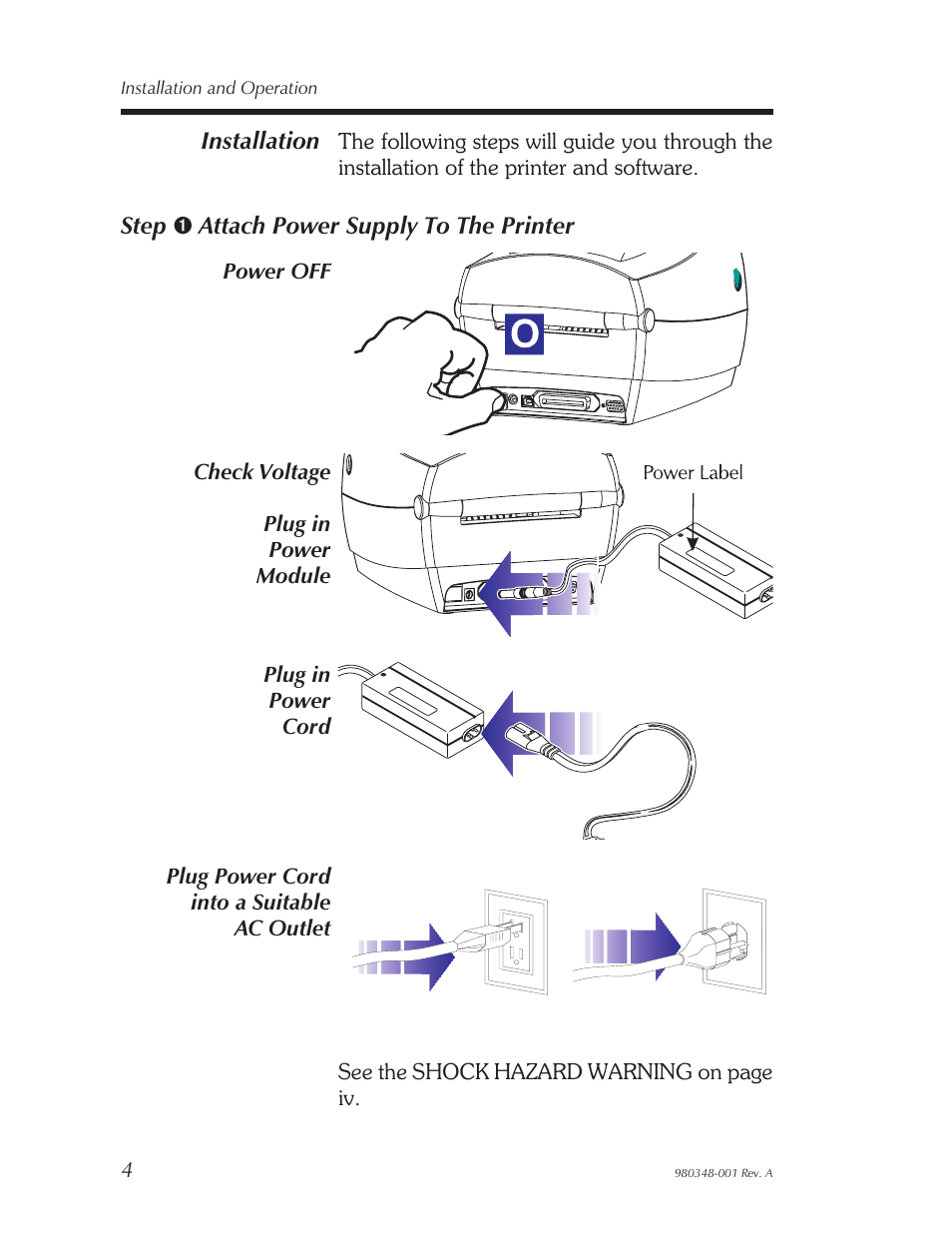 Installation, Attach power, Unpack your printer | Zebra Technologies 2844 User Manual | Page 10 / 38