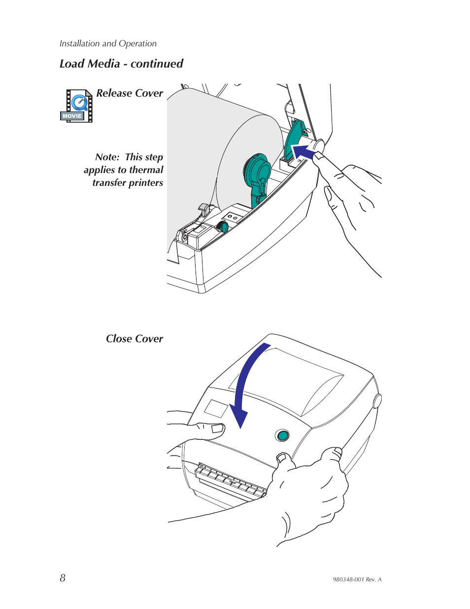 Load media - continued | Zebra Technologies 2844 User Manual | Page 14 / 38