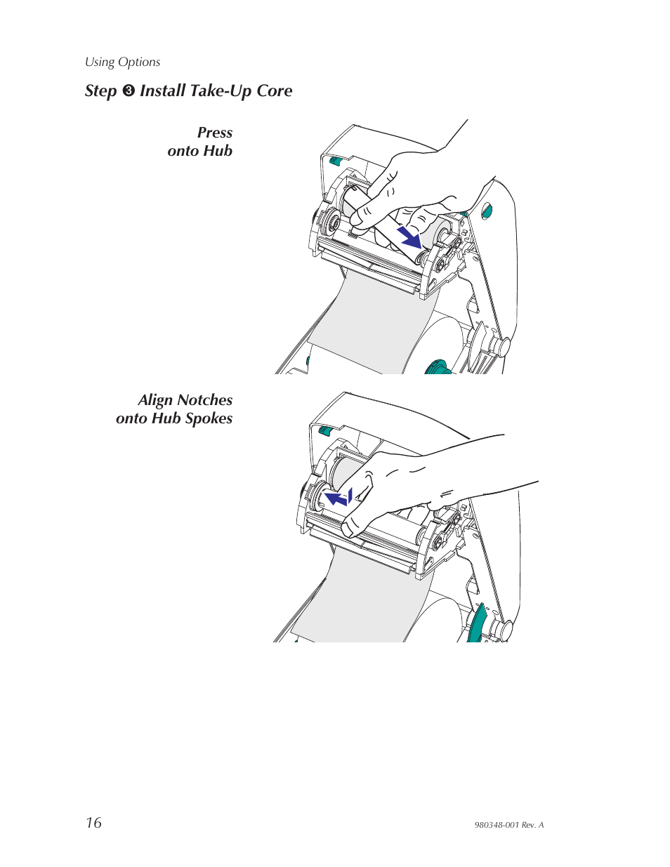 Step ➌ install take-up core | Zebra Technologies 2844 User Manual | Page 22 / 38