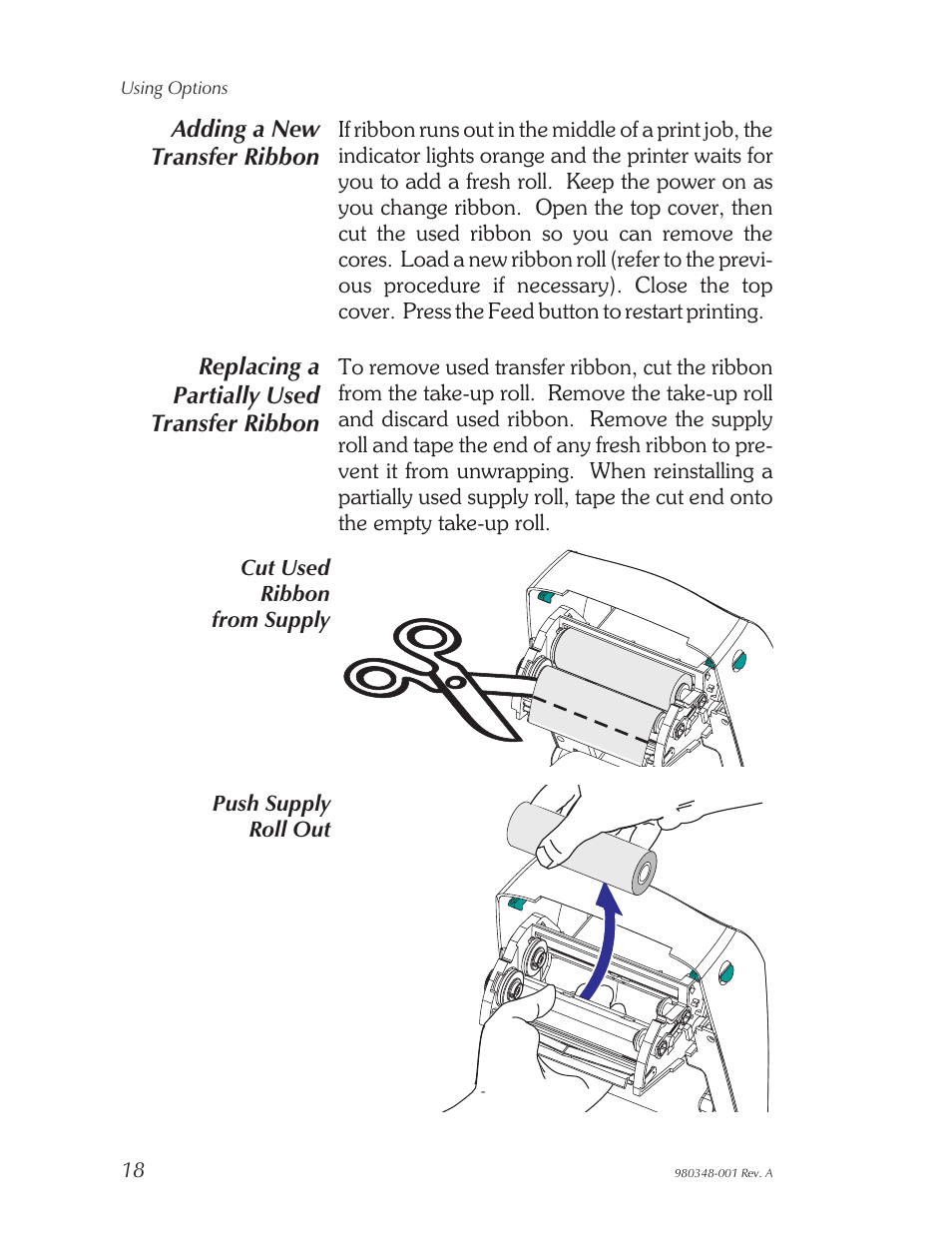 Adding a new transfer ribbon, Replacing a partially used transfer ribbon | Zebra Technologies 2844 User Manual | Page 24 / 38