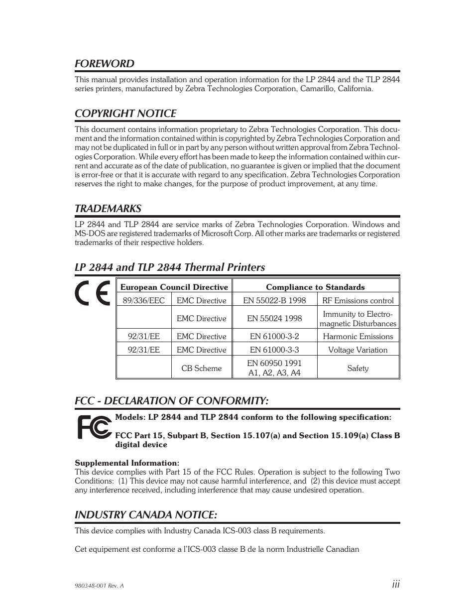 Frontmatter, Foreword, Copyright notice | Trademarks, Fcc - declaration of conformity, Industry canada notice | Zebra Technologies 2844 User Manual | Page 3 / 38