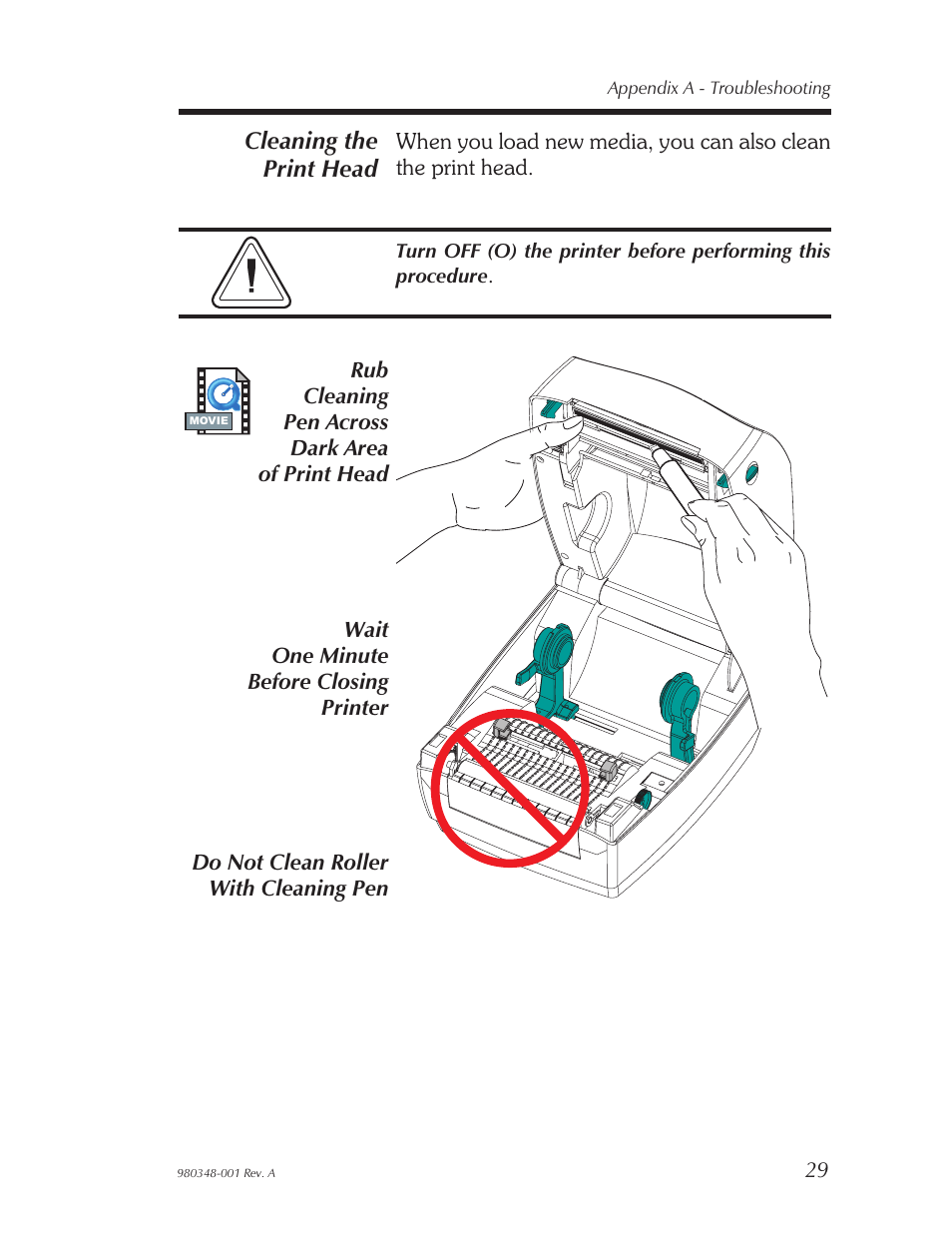 Cleaning the print head | Zebra Technologies 2844 User Manual | Page 35 / 38