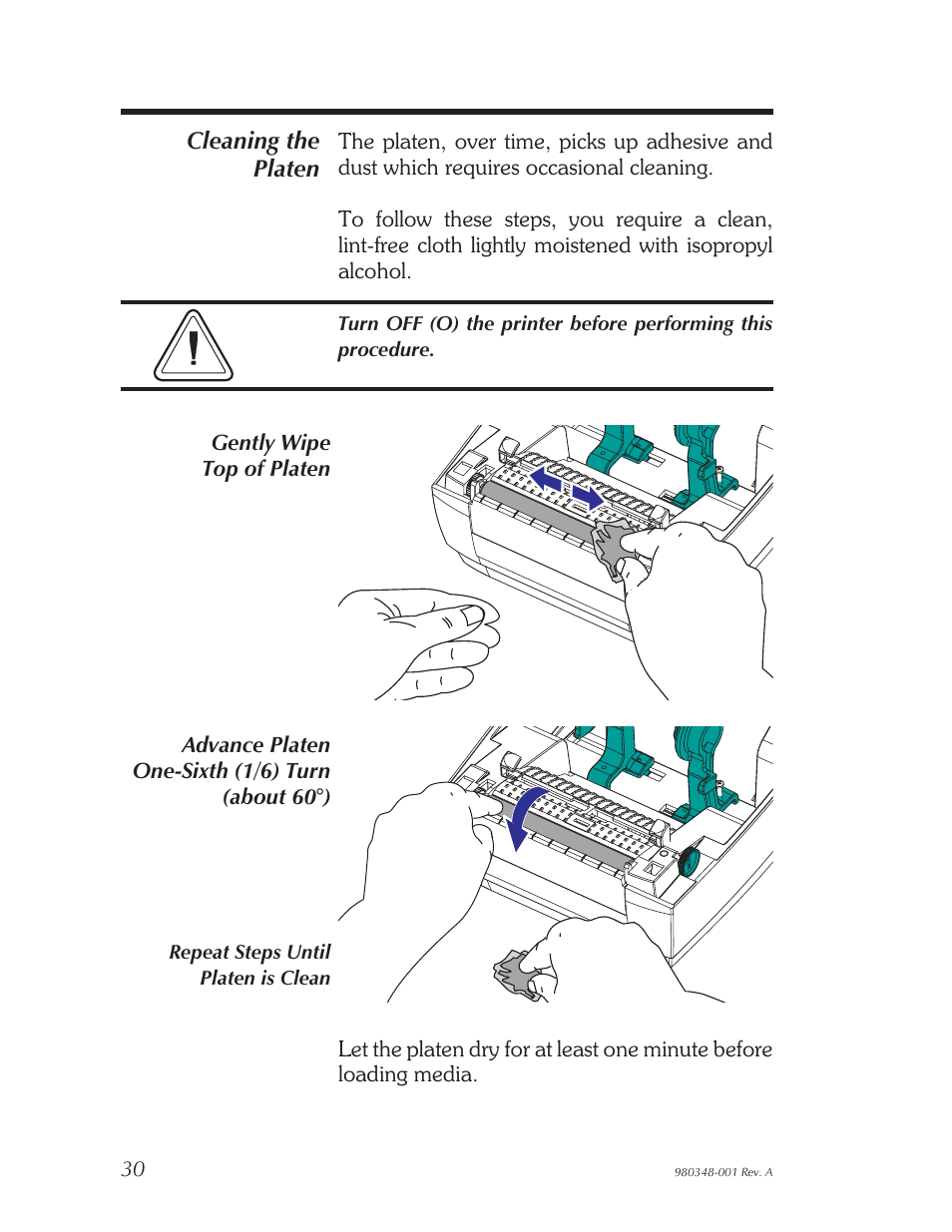 Cleaning the platen | Zebra Technologies 2844 User Manual | Page 36 / 38