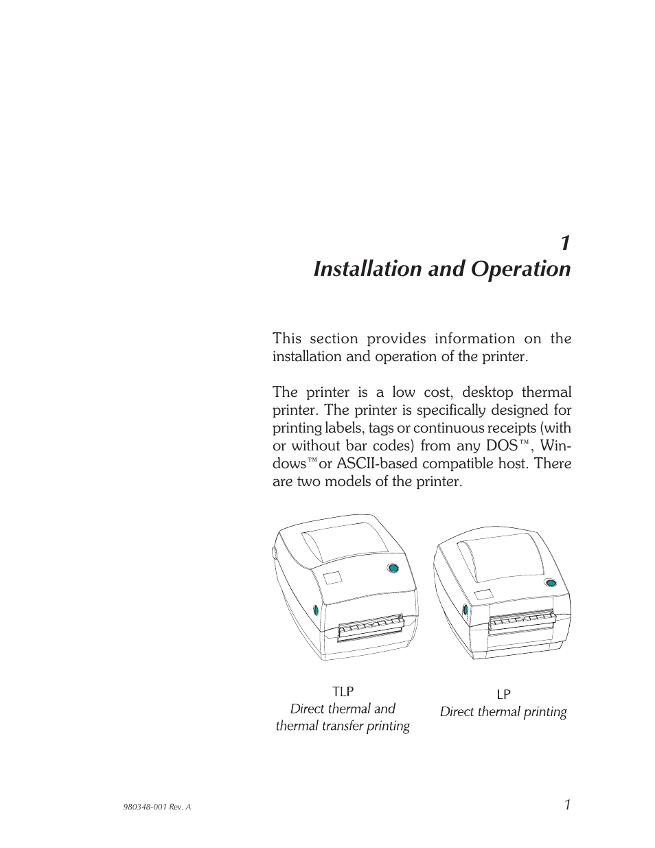 Installation and operation, 1installation and operation | Zebra Technologies 2844 User Manual | Page 7 / 38