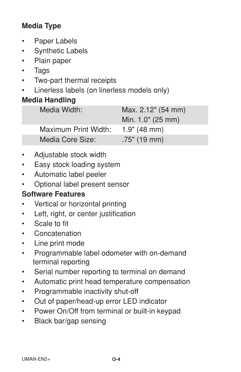 Media type, Media handling, Software features | Zebra Technologies 2 User Manual | Page 10 / 40