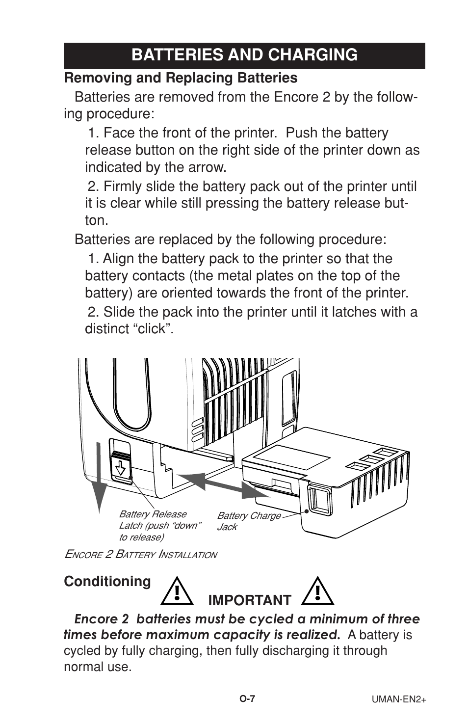 Batteries and charging, Removing and replacing batteries, Conditioning | Zebra Technologies 2 User Manual | Page 13 / 40