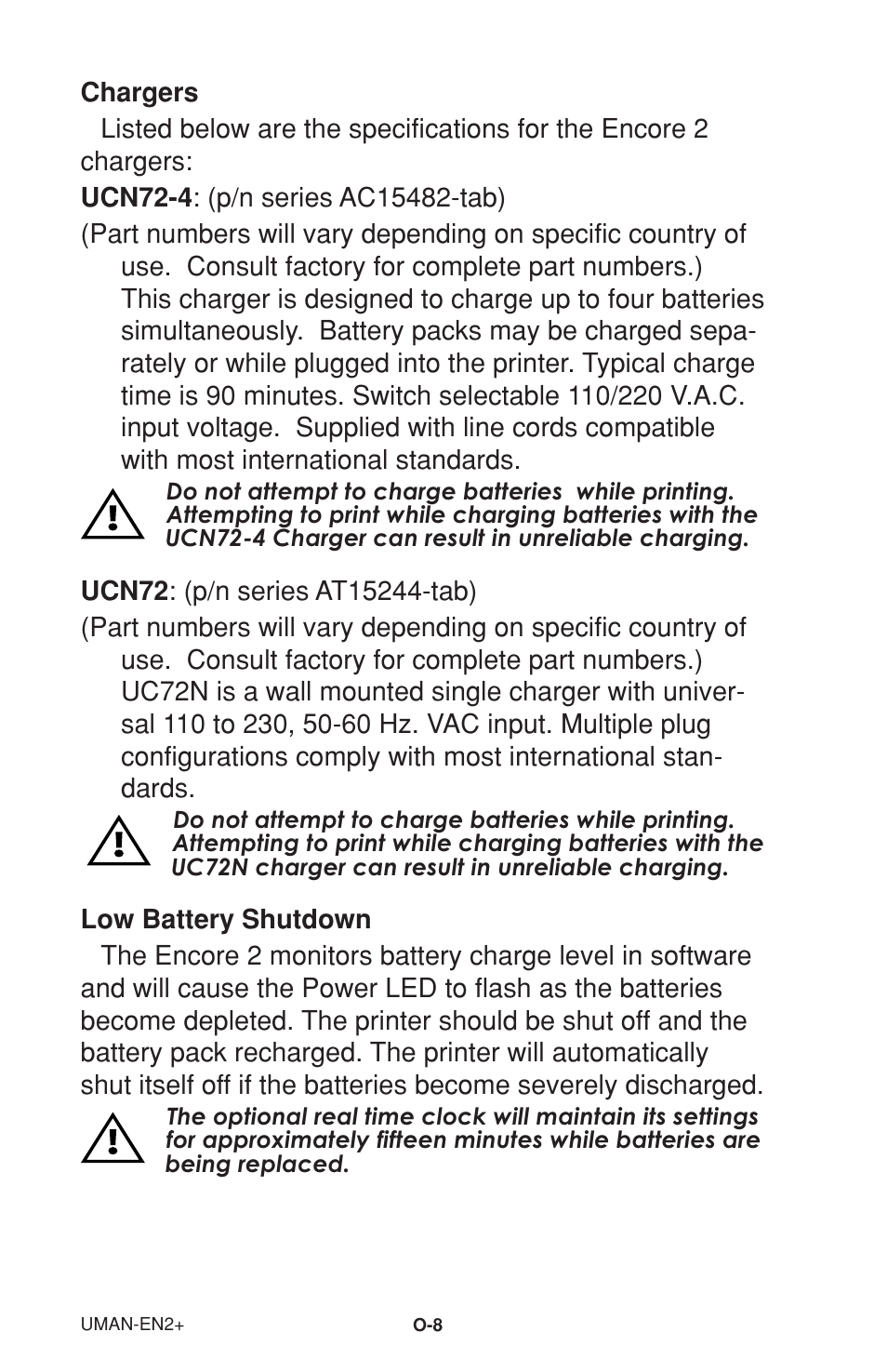 Chargers, Low battery shutdown | Zebra Technologies 2 User Manual | Page 14 / 40
