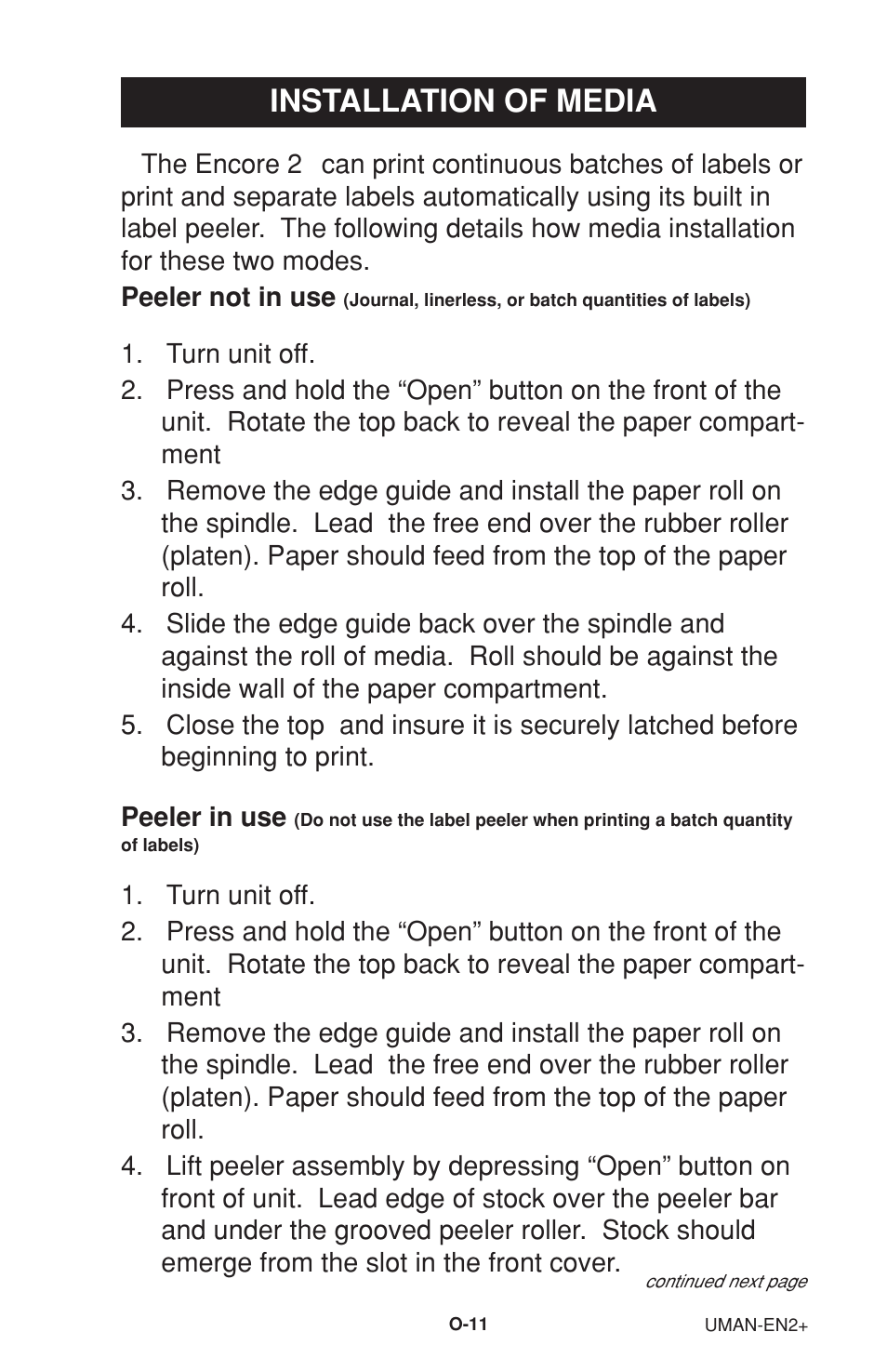 Installation of media, Peeler not in use, Peeler in use | Zebra Technologies 2 User Manual | Page 17 / 40
