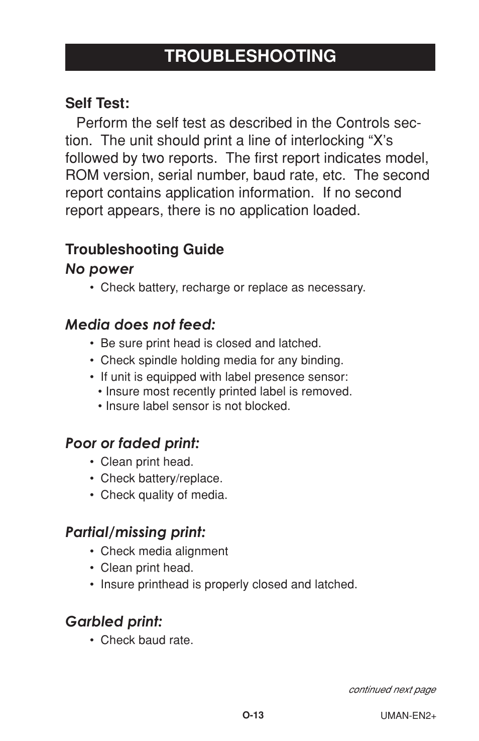 Troubleshooting, Self test o-13, Troubleshooting guide | Zebra Technologies 2 User Manual | Page 19 / 40