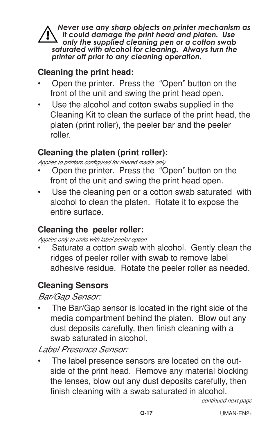 Cleaning the print head, Cleaning the platen, Cleaning the peeler roller | Cleaning sensors, Bar/gap sensor, Label presence sensor | Zebra Technologies 2 User Manual | Page 23 / 40
