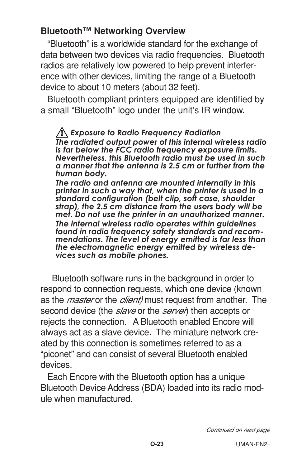 Bluetooth™ networking overview, Master, Client) | Slave, Server | Zebra Technologies 2 User Manual | Page 29 / 40