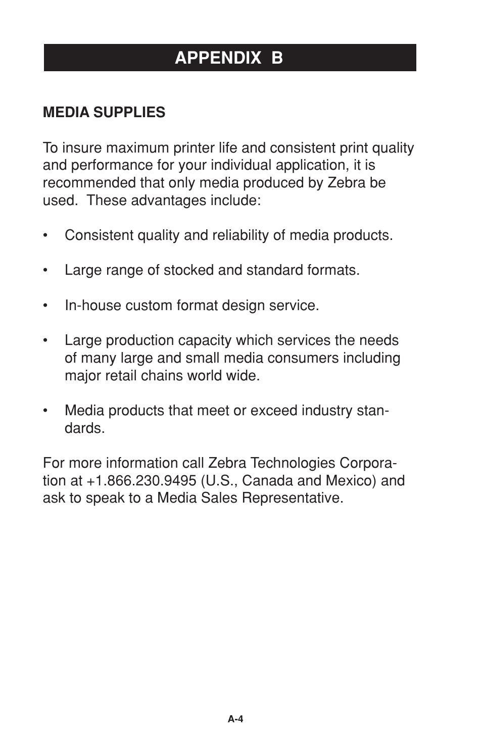 Appendix b, Media supplies | Zebra Technologies 2 User Manual | Page 36 / 40
