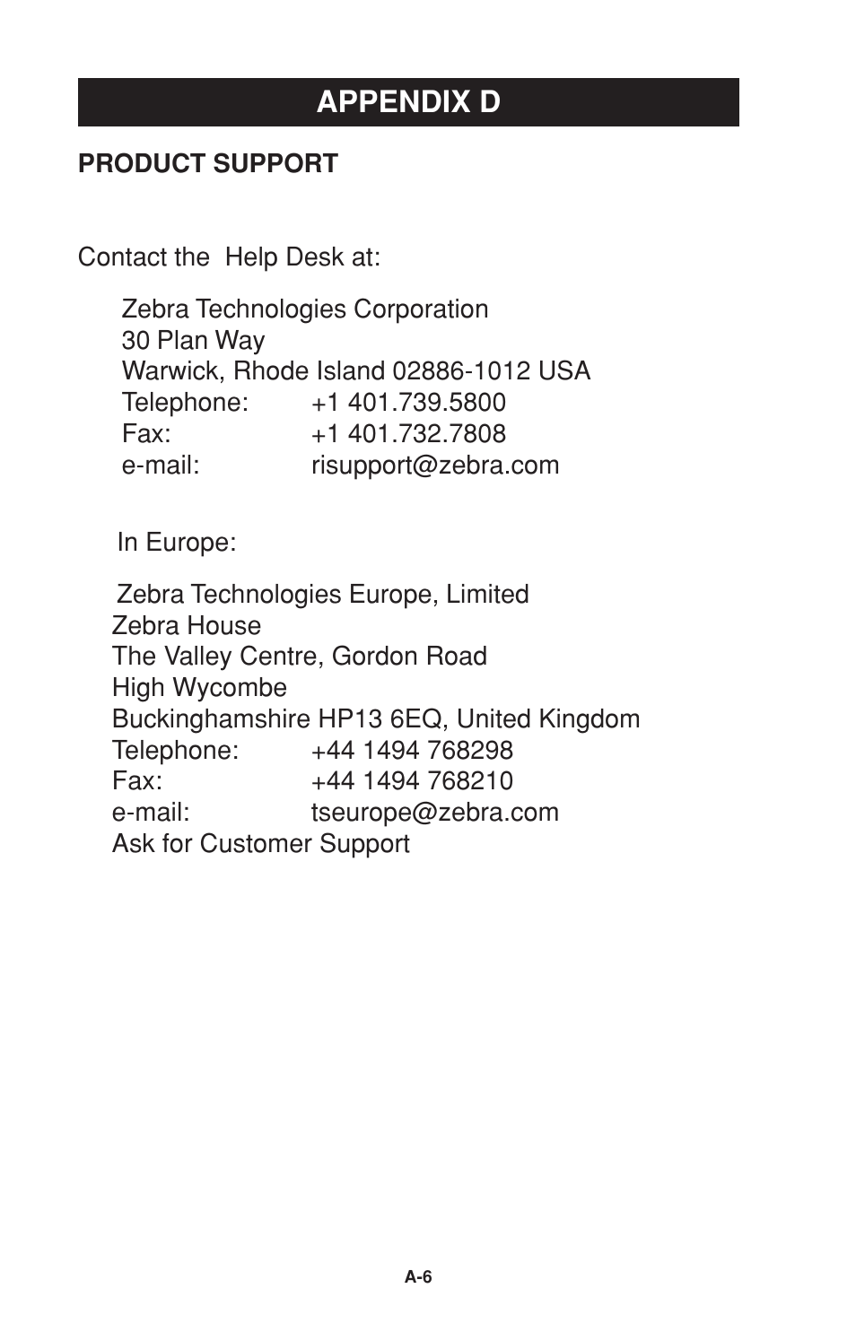 Appendix d, Product support | Zebra Technologies 2 User Manual | Page 38 / 40