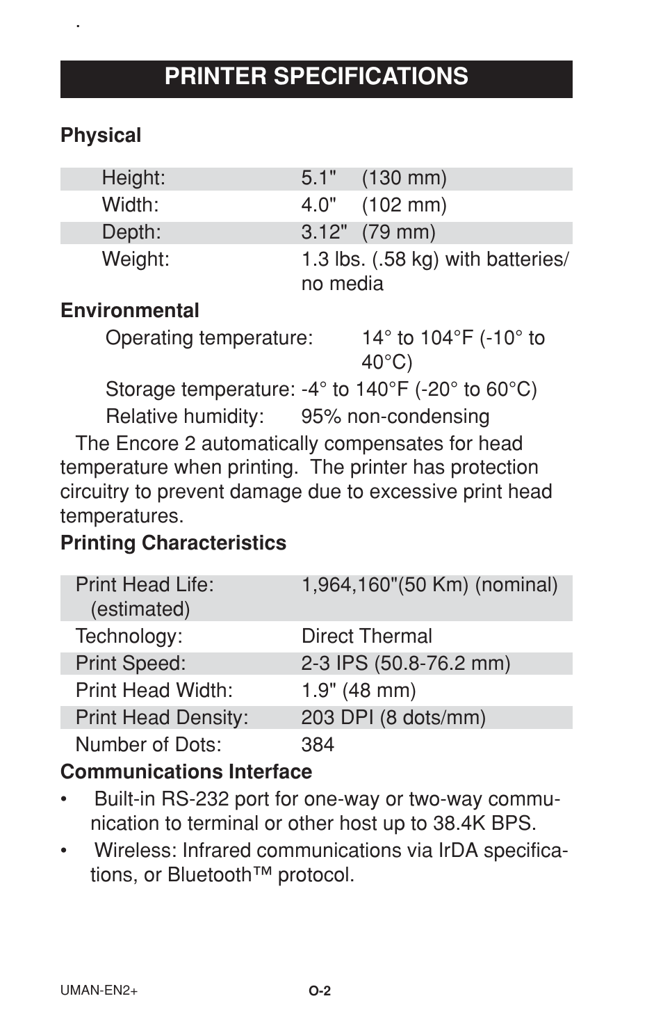 Printer specifications, Physical, Environmental | Printing characteristics, Communications interface | Zebra Technologies 2 User Manual | Page 8 / 40