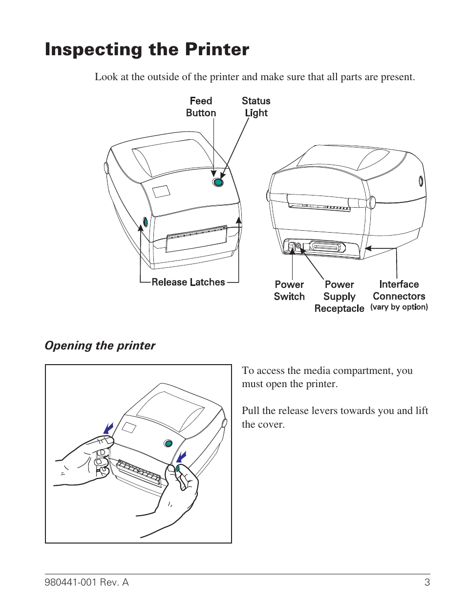 Inspecting the printer 3, Opening the printer 3, Feed button 3, 14 | Inspecting printer 3, Interface connectors 3, Opening 3, Power switch 3, 14, Release latches 3, Status light 3, 14, Top cover, opening 3 | Zebra Technologies TLP 3844-Z User Manual | Page 11 / 68