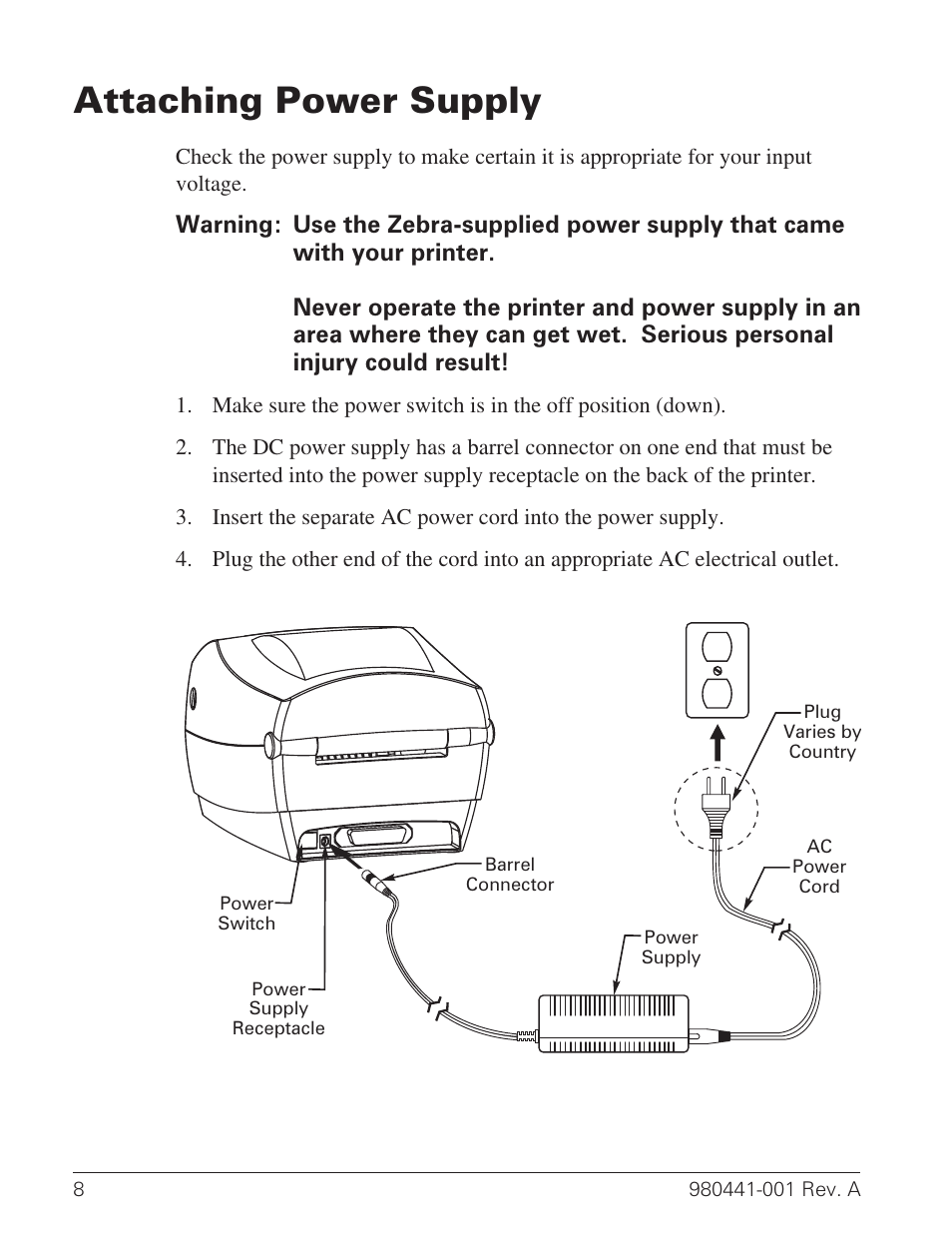 Attaching power supply 8, Attaching power 8, Barrel connector 8 | Plug, power 8, Power supply 8, Voltage 8, Attaching power supply | Zebra Technologies TLP 3844-Z User Manual | Page 16 / 68