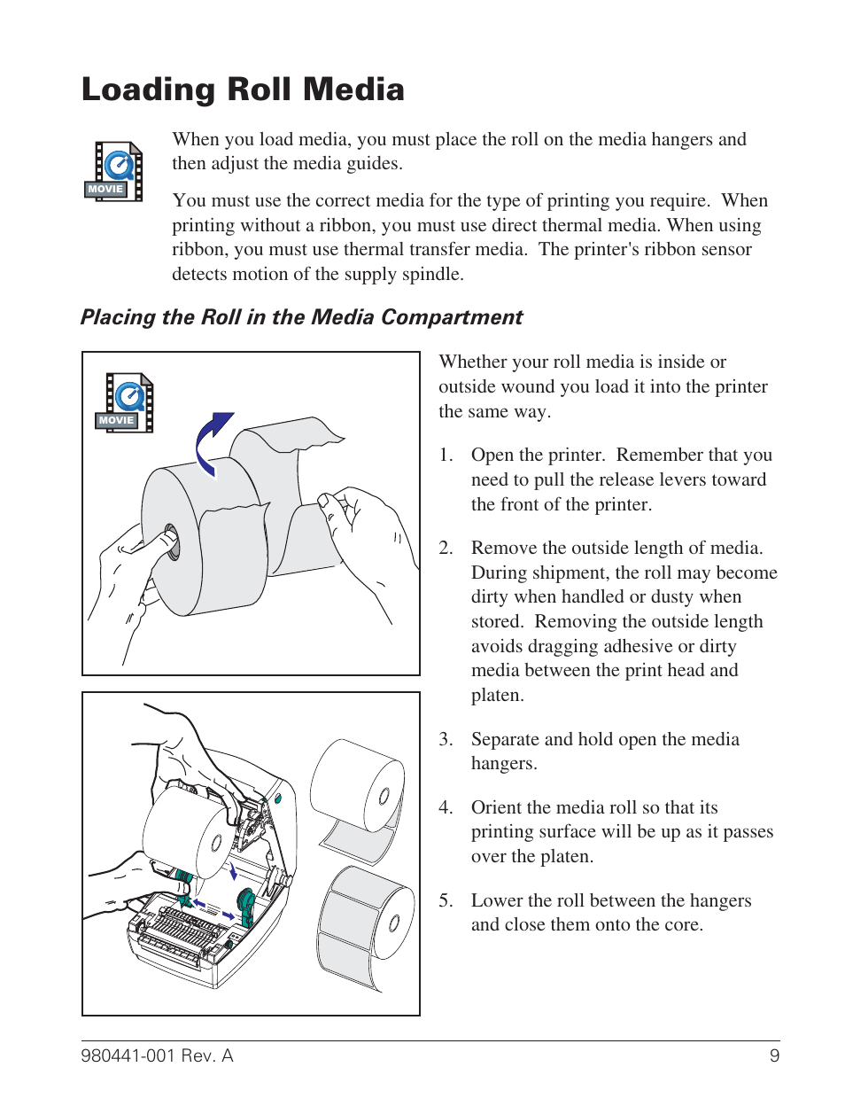 Loading roll media 9, Placing the roll in the media compartment 9, Loading media 9 | Media, loading 9, Media, outside length 9, Outside length, media 9, Loading roll media | Zebra Technologies TLP 3844-Z User Manual | Page 17 / 68
