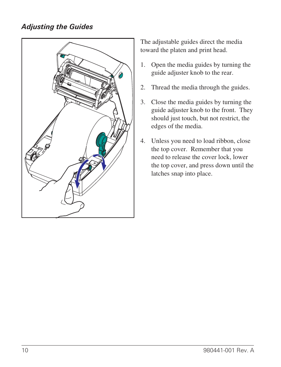Adjusting the guides 10, Guides, media 10 | Zebra Technologies TLP 3844-Z User Manual | Page 18 / 68