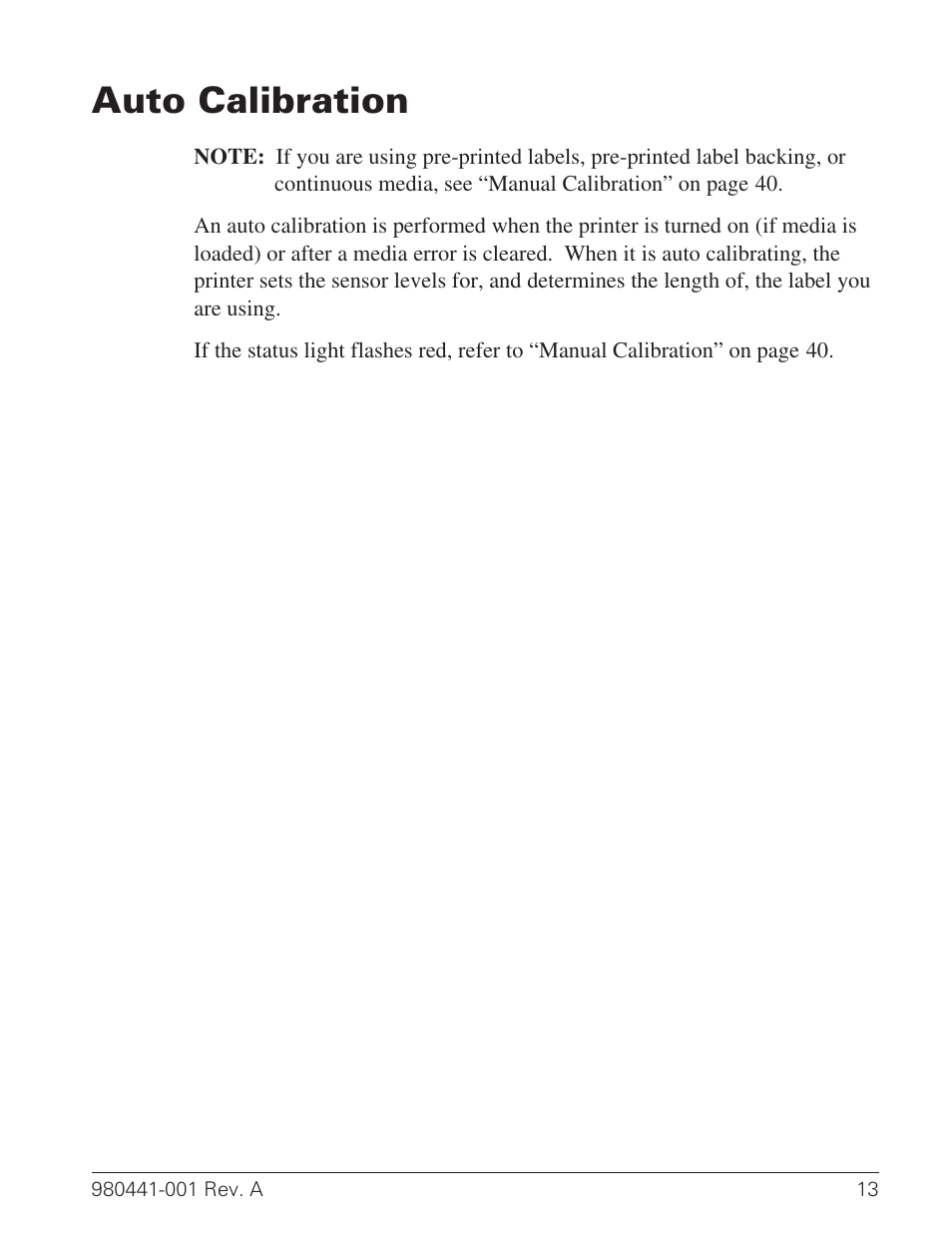 Auto calibration 13, Auto 13, Auto calibration | Zebra Technologies TLP 3844-Z User Manual | Page 21 / 68