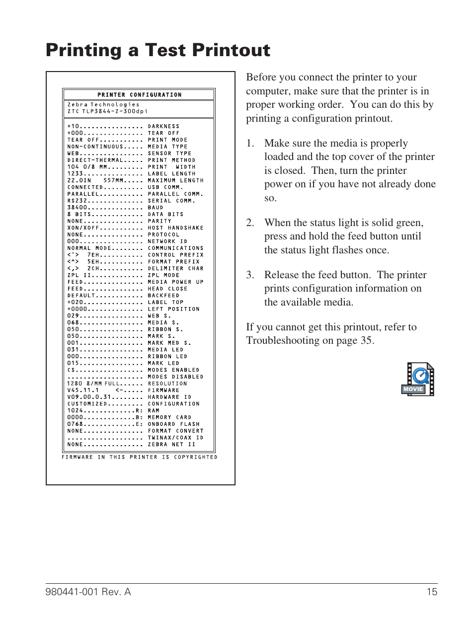 Printing a test printout 15, Configuration label 15, 41, Test label 15 | Printing a test printout | Zebra Technologies TLP 3844-Z User Manual | Page 23 / 68