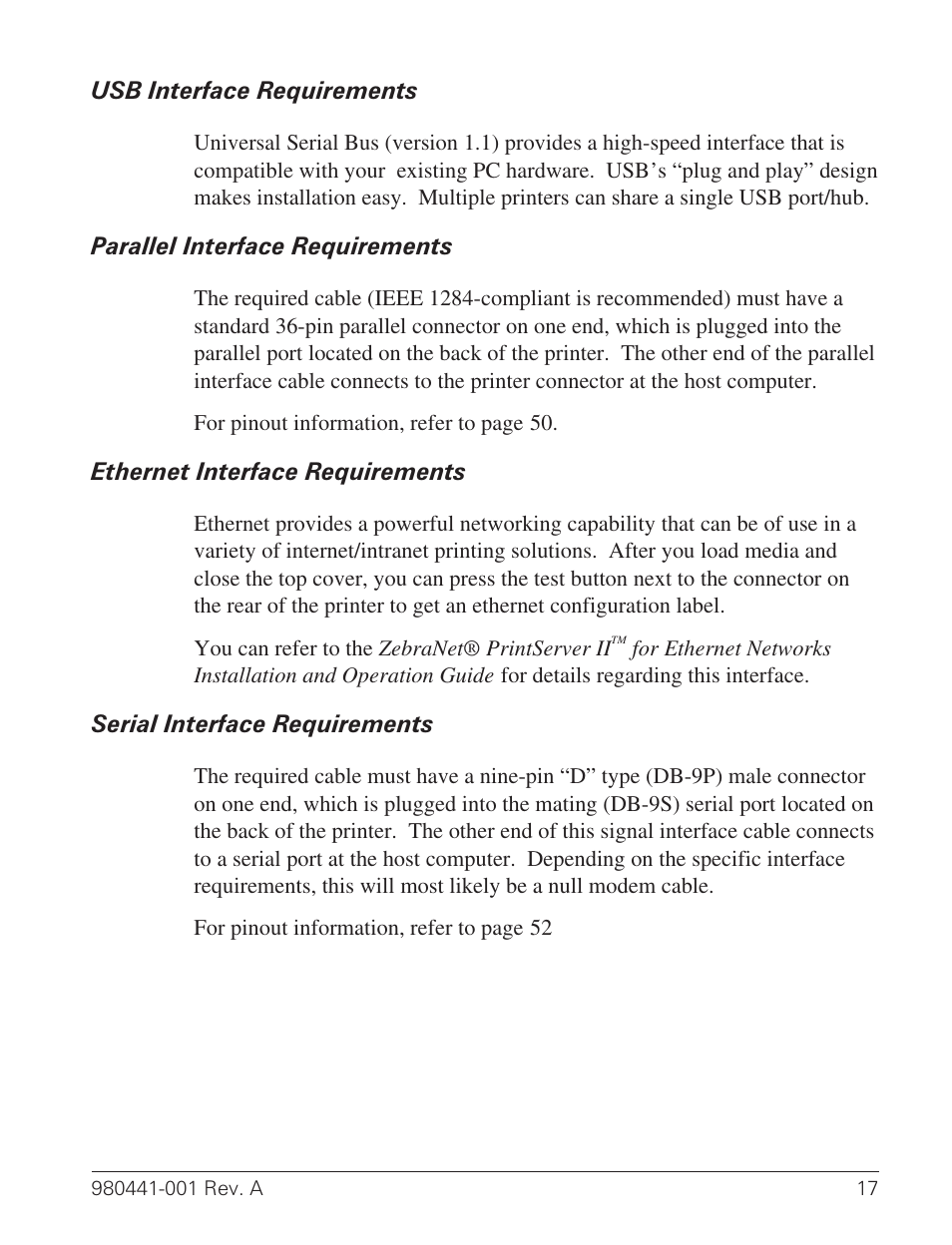 Usb interface requirements 17, Parallel interface requirements 17, Ethernet interface requirements 17 | Serial interface requirements 17, Ethernet interface 17, Ethernet network 17, 18, 51, Ethernet 17, Parallel 17, Serial 17, Usb 17 | Zebra Technologies TLP 3844-Z User Manual | Page 25 / 68