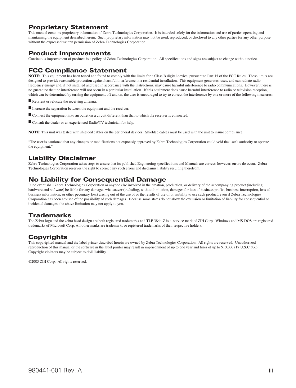Copyrights iii, Fcc iii, Trademarks iii | Proprietary statement, Product improvements, Fcc compliance statement, Liability disclaimer, No liability for consequential damage, Trademarks, Copyrights | Zebra Technologies TLP 3844-Z User Manual | Page 3 / 68