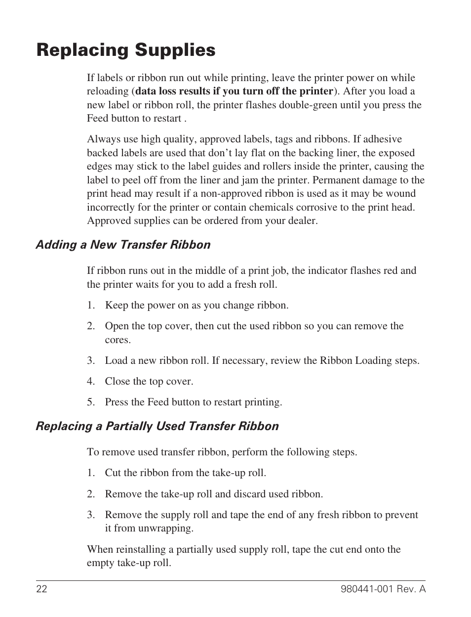 Replacing supplies 22, Adding a new transfer ribbon 22, Replacing a partially used transfer ribbon 22 | Ribbon 22, Supplies 22, Thermal transfer 22, Replacing supplies | Zebra Technologies TLP 3844-Z User Manual | Page 30 / 68