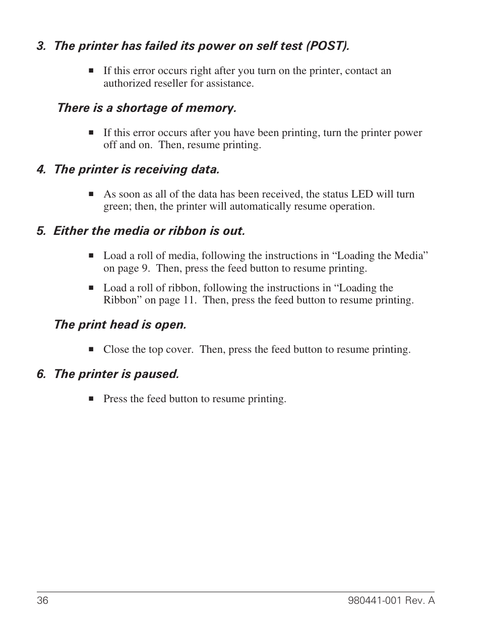 The printer is receiving data, Either the media or ribbon is out, The print head is open | The printer is paused | Zebra Technologies TLP 3844-Z User Manual | Page 44 / 68