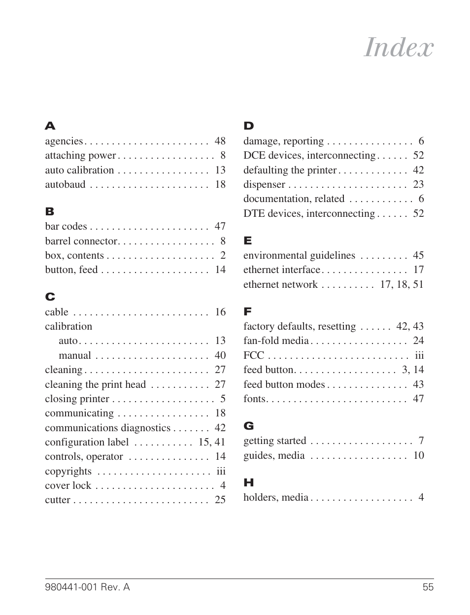 Index | Zebra Technologies TLP 3844-Z User Manual | Page 63 / 68