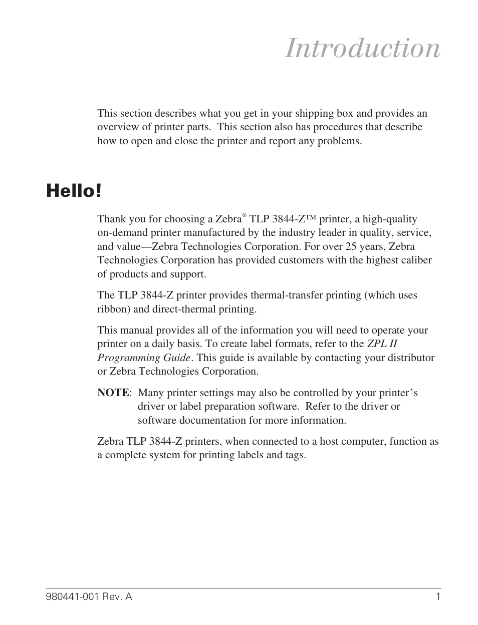 Introduction, Hello! 1, Hello | Zebra Technologies TLP 3844-Z User Manual | Page 9 / 68