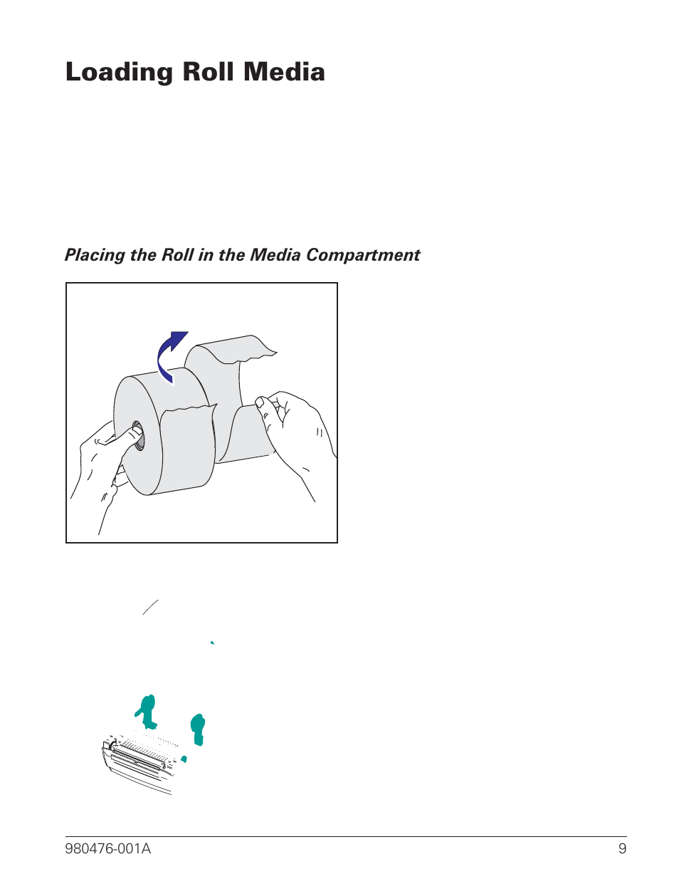 Loading roll media 9, Placing the roll in the media compartment 9, Loading roll media | Zebra Technologies R2844-Z User Manual | Page 17 / 86